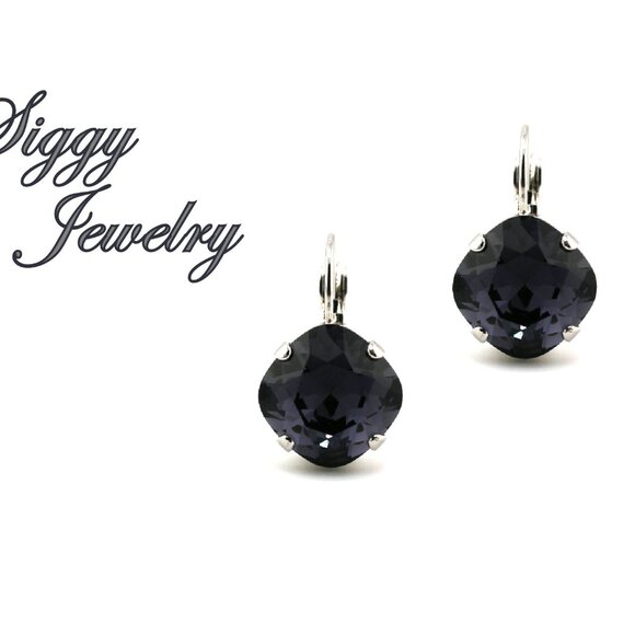 Graphite Earrings Made with 12mm Cushion Cut Genuine Austrian Crystals - Picture 7 of 7